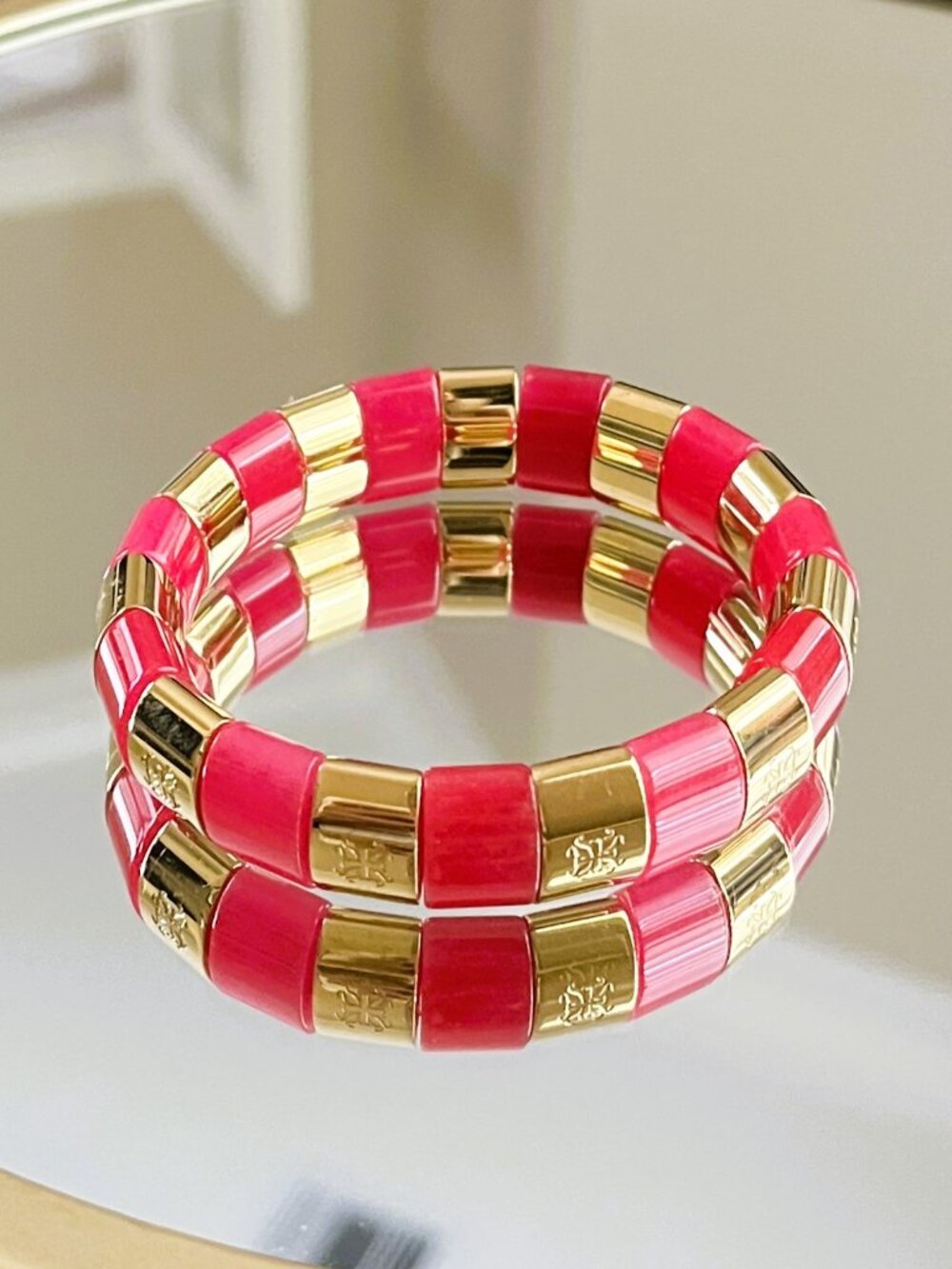 Rustic Cuff Watermelon Natural Stone and Gold Logo Stretch Bracelet